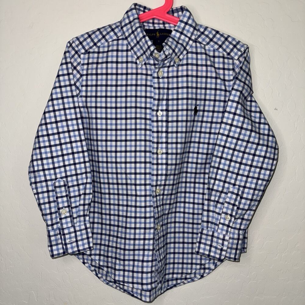 Polo Ralph Lauren Boys Button Up Plaid Blue White Long Sleeve Cotton Pony Size 5